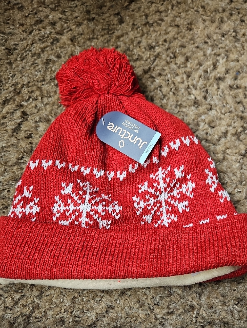 Unicrue Red Kids Pom Pom Beanie with Snowflake Knit